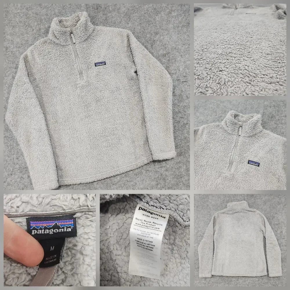 Patagonia Womens M Medium Los Gatos White Fleece Fluffy‎ Jacket 1/4 Zip Outdoors